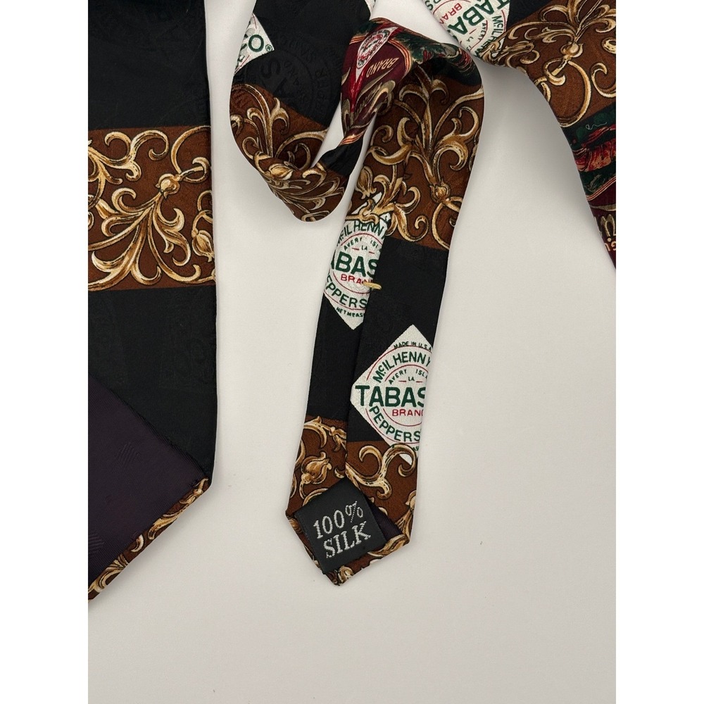Tabasco Silk Tie Gulf Shrimp Pepper Sauce Gold Filigree Black Novelty Necktie - Picture 3 of 3